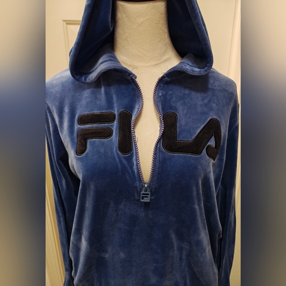Fila Blue Velour Half Zip Hoodie w Black Logo. - Picture 4 of 14